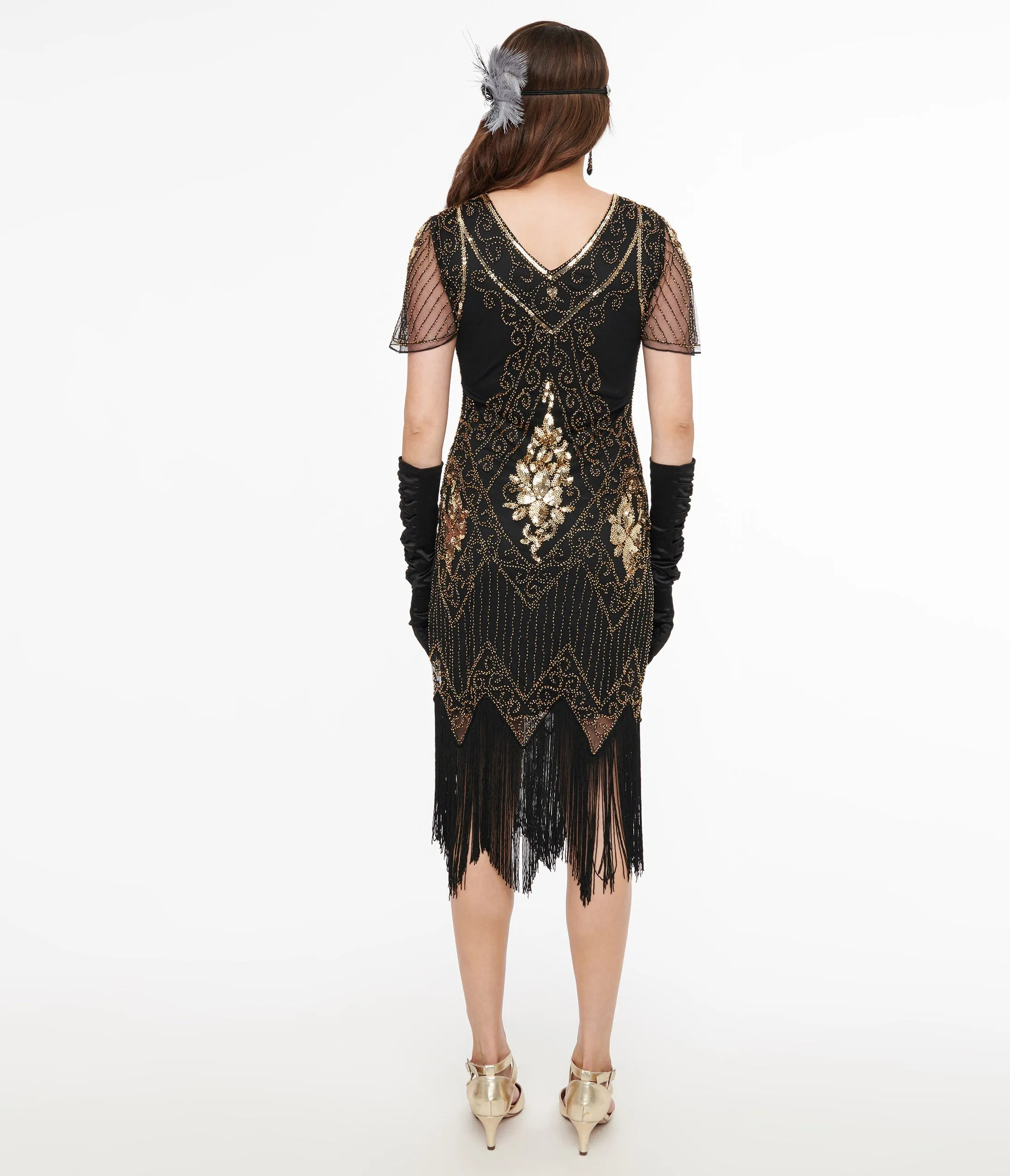 1920s Black & Gold Beaded Fringe Flapper Dress