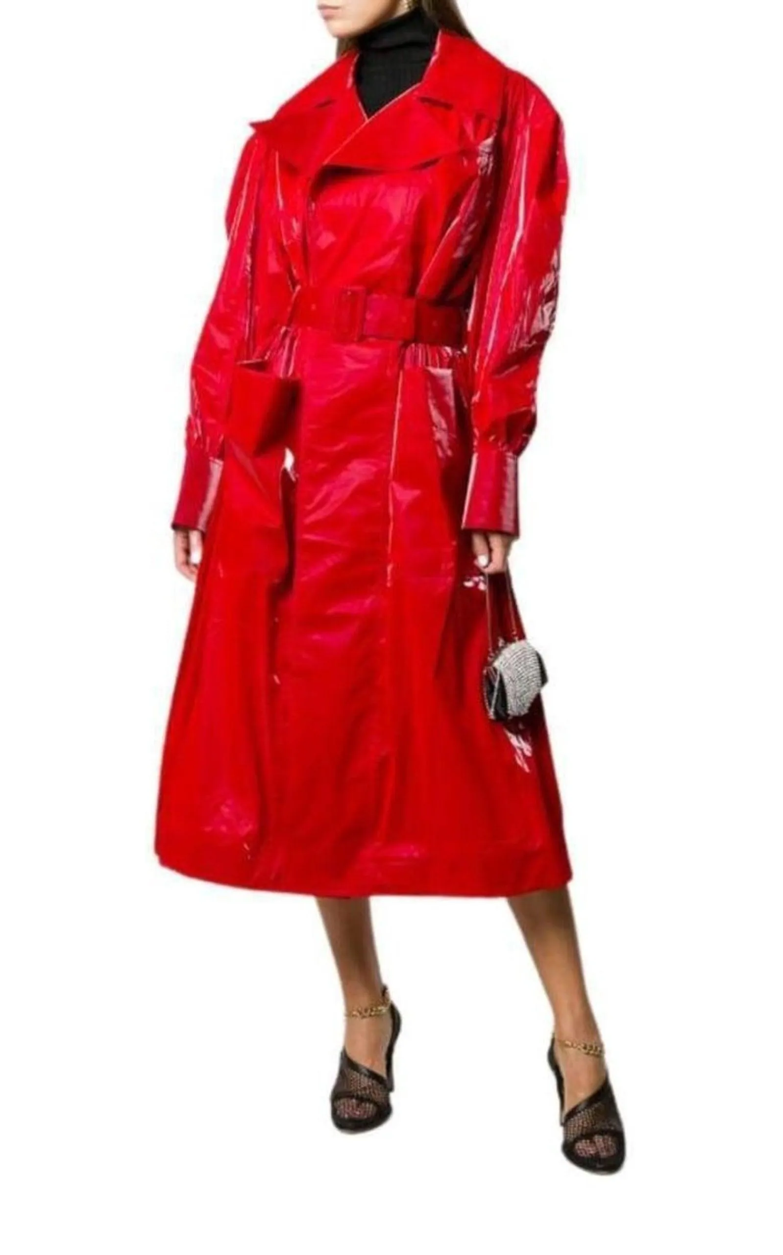 Belted Glossy Red Trench Coat