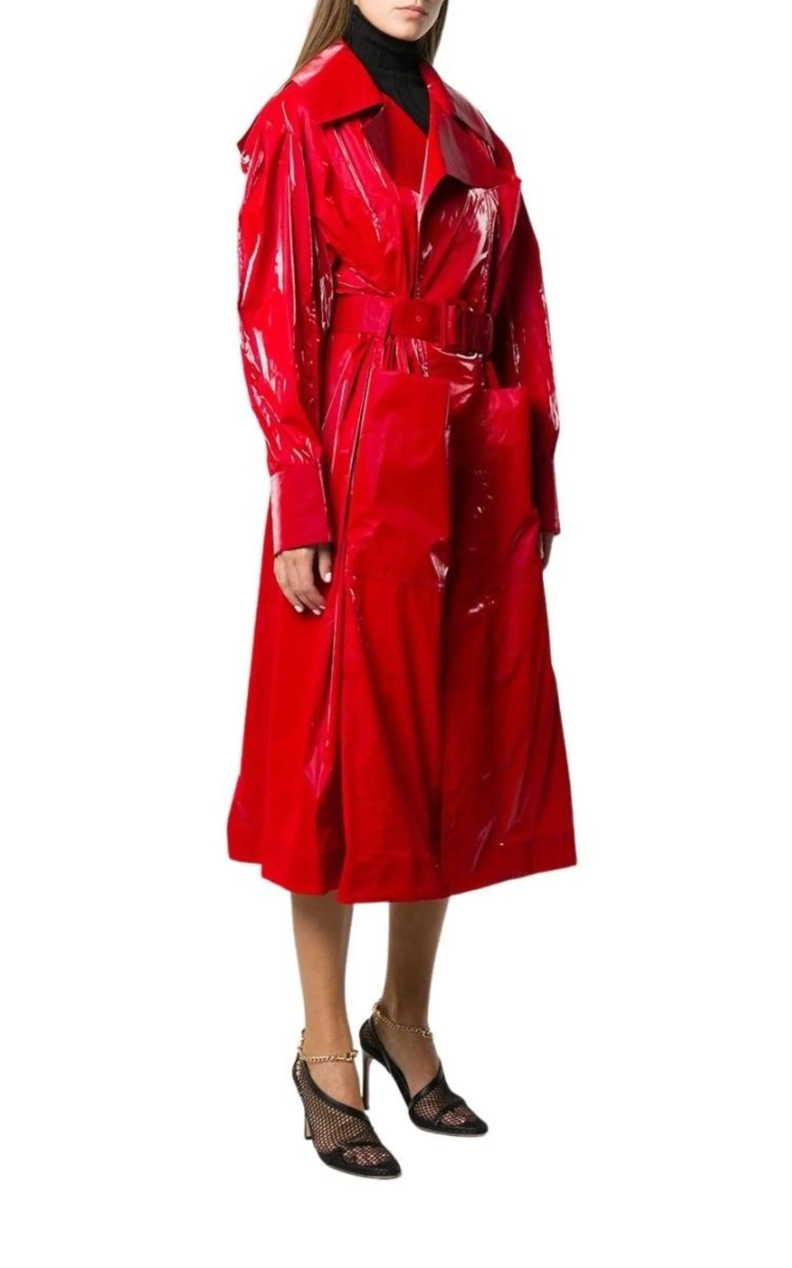 Belted Glossy Red Trench Coat