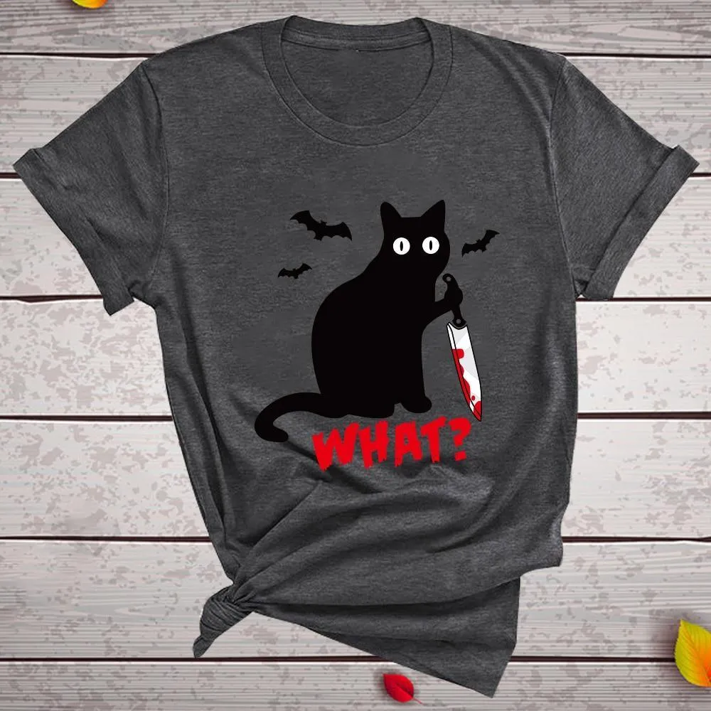 Black Cat What Tshirt Murderous Cat Knife Women Funny