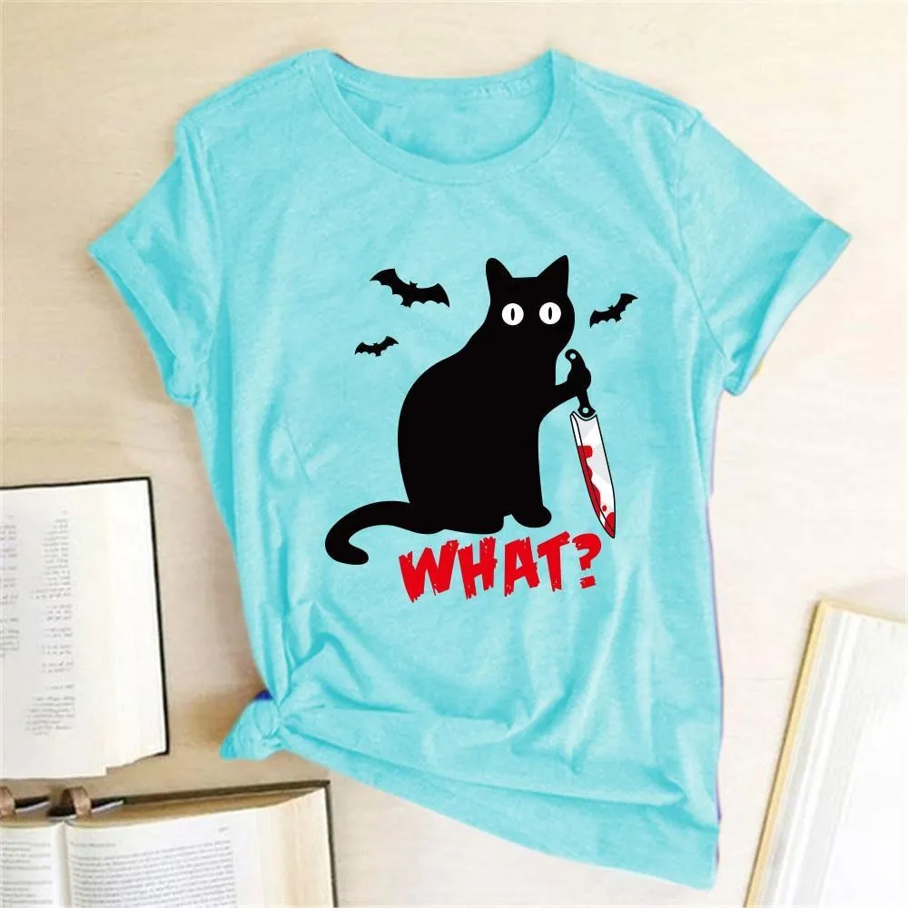 Black Cat What Tshirt Murderous Cat Knife Women Funny