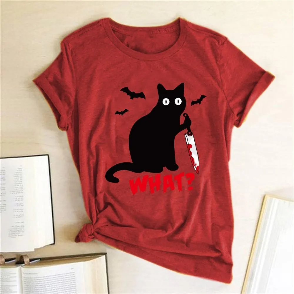 Black Cat What Tshirt Murderous Cat Knife Women Funny