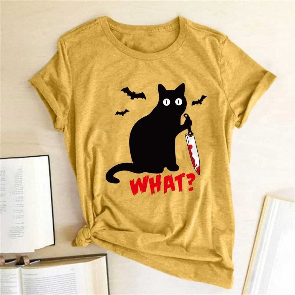 Black Cat What Tshirt Murderous Cat Knife Women Funny