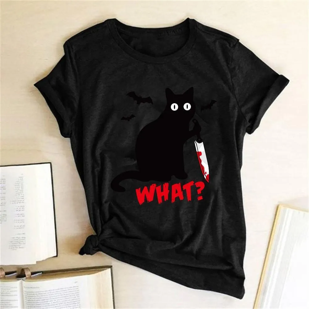 Black Cat What Tshirt Murderous Cat Knife Women Funny