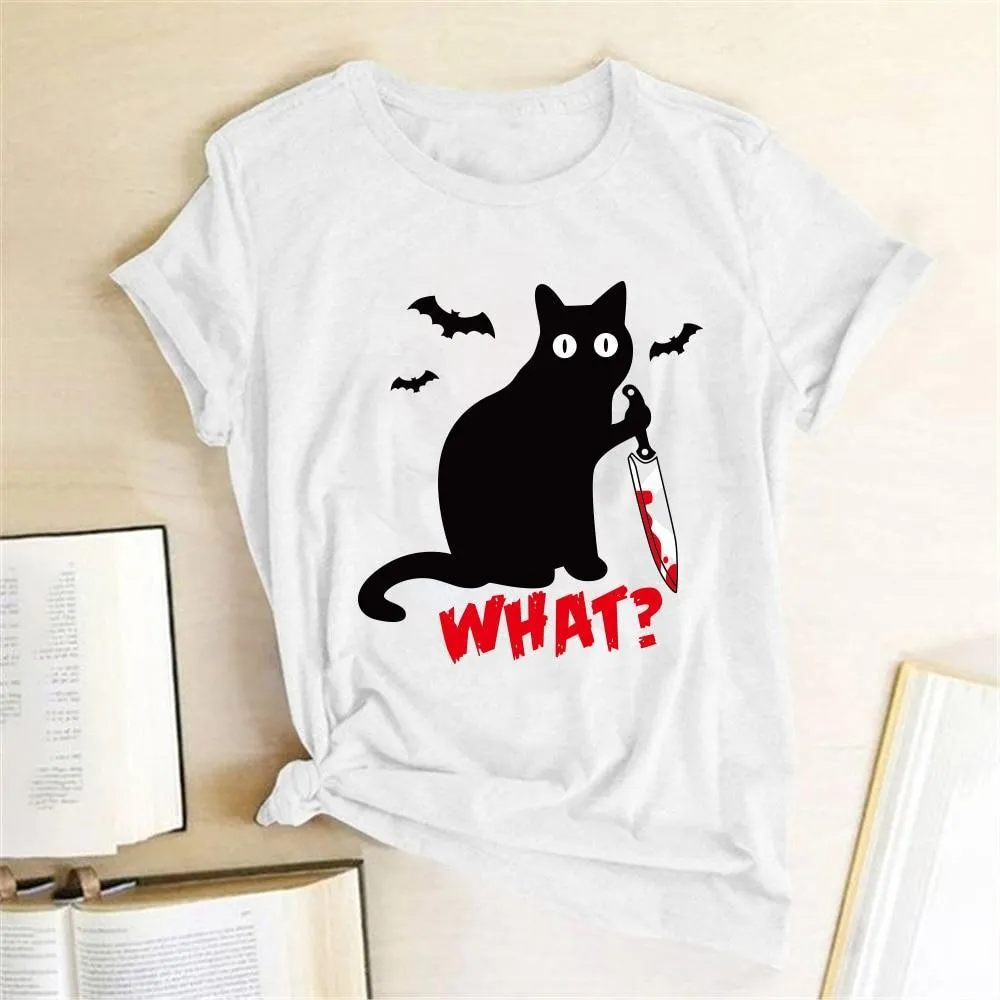 Black Cat What Tshirt Murderous Cat Knife Women Funny