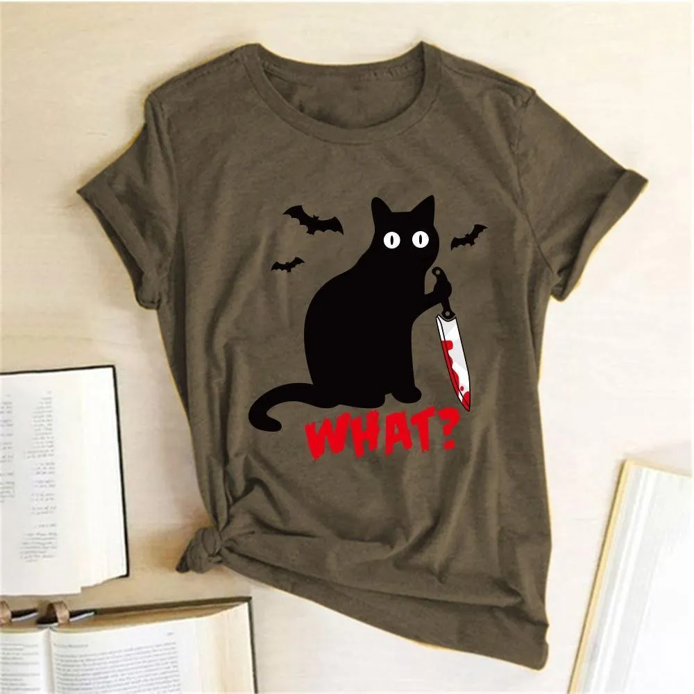 Black Cat What Tshirt Murderous Cat Knife Women Funny