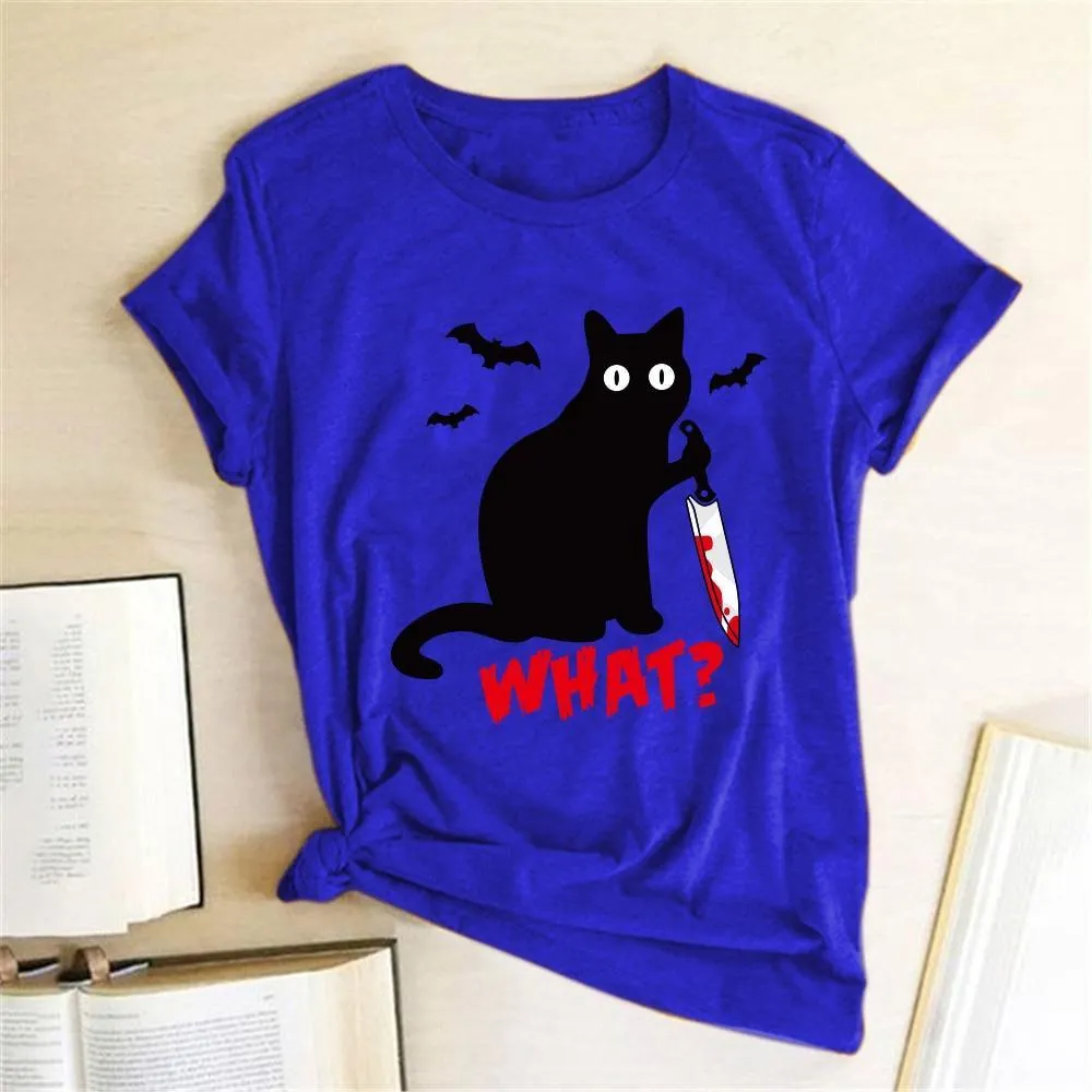 Black Cat What Tshirt Murderous Cat Knife Women Funny