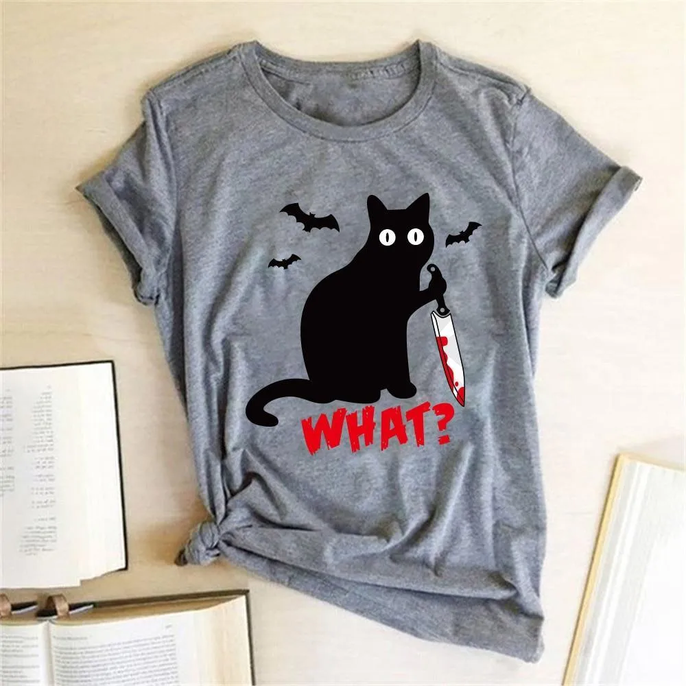 Black Cat What Tshirt Murderous Cat Knife Women Funny