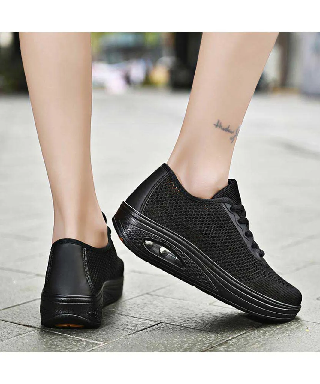 Black flyknit hollow cut rocker bottom shoe sneaker