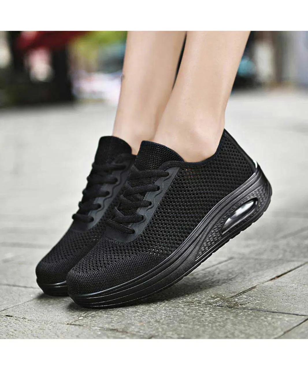 Black flyknit hollow cut rocker bottom shoe sneaker