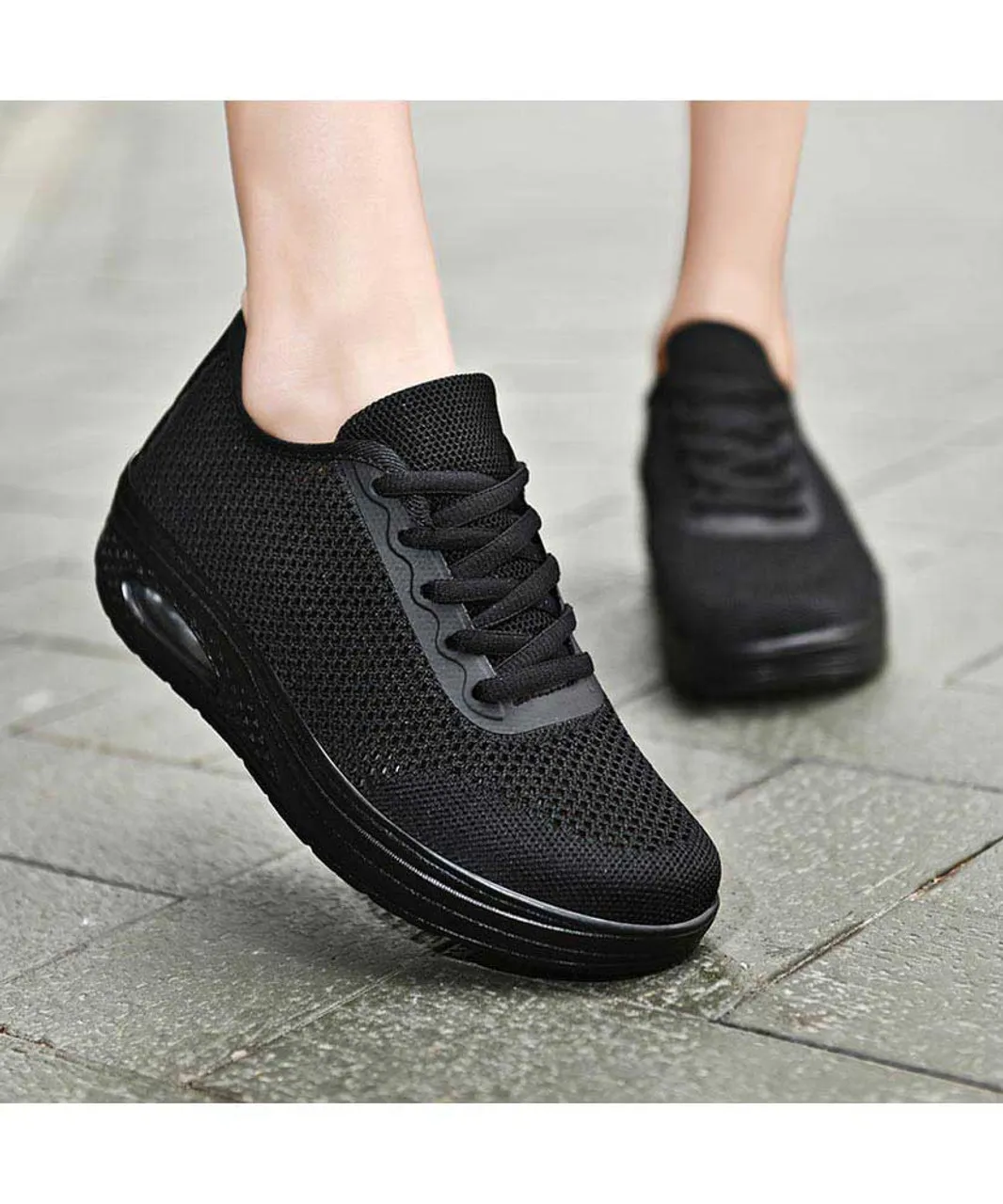 Black flyknit hollow cut rocker bottom shoe sneaker