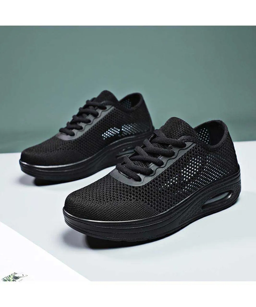 Black flyknit hollow cut rocker bottom shoe sneaker