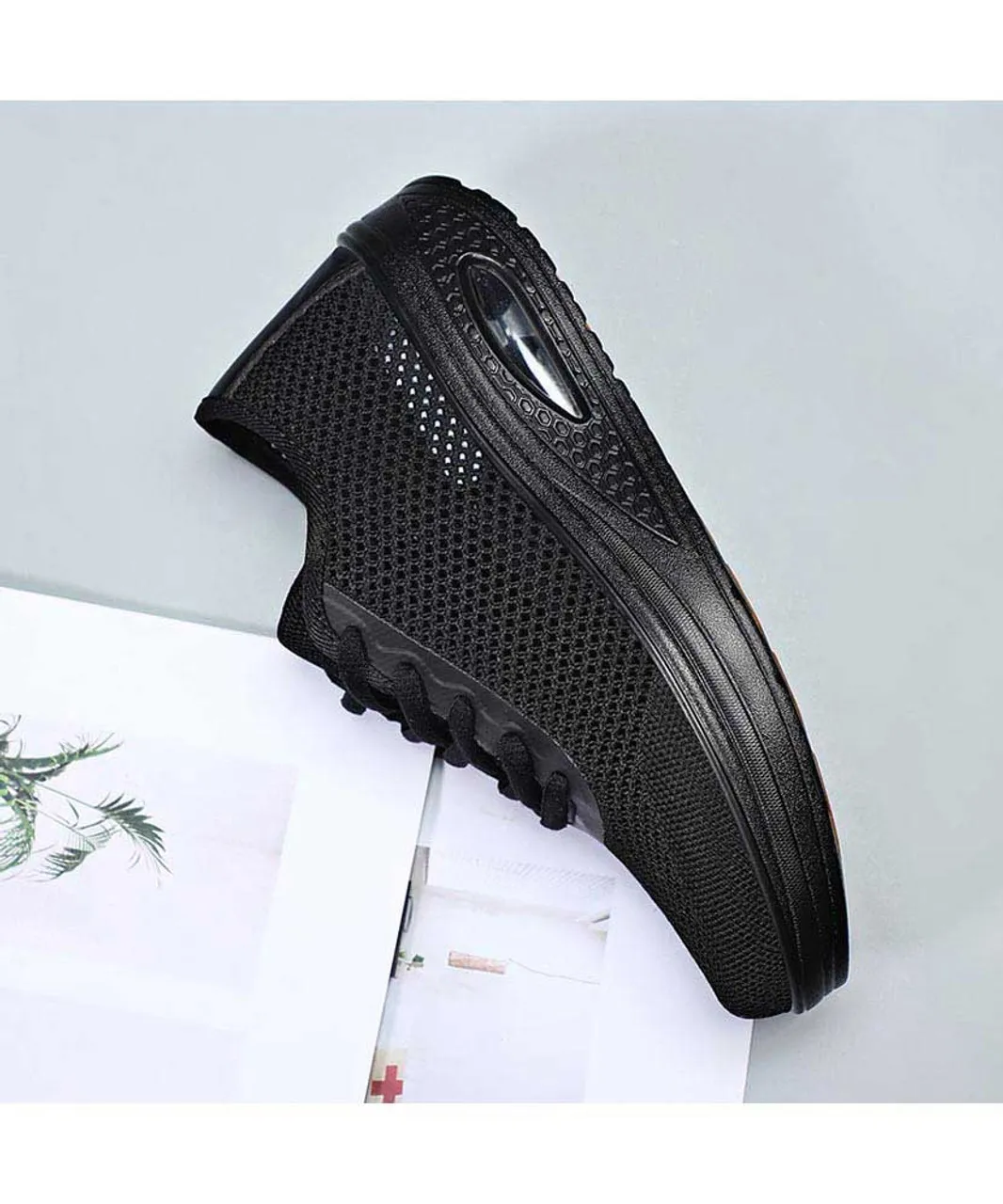 Black flyknit hollow cut rocker bottom shoe sneaker