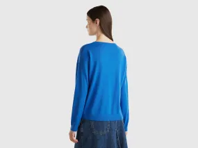 Boat neck sweater in pure Merino wool - Light Blue | Benetton