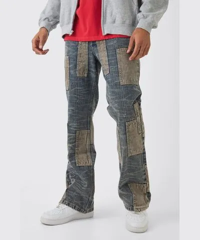 boohoo Mens Relaxed Flared Patchwork Contrast Stitch Jeans