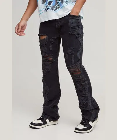 boohoo Mens Slim Rigid Flare All Over Ripped Denim Jeans