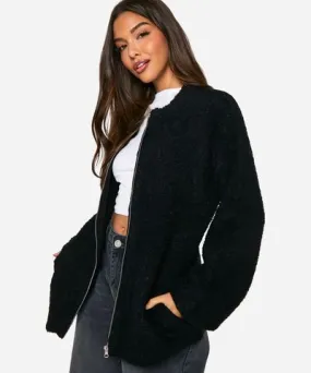 boohoo Womens Borg Knitted Oversized Bomber Jacket