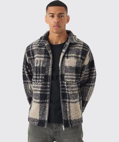 boohooMAN Mens Borg Plaid Harrington Jacket In Navy