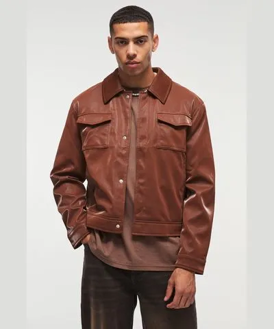 boohooMAN Mens High Shine Pu Harrington Jacket In Chocolate