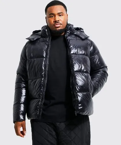 boohooMAN Mens Plus High Shine Puffer Jacket in Black