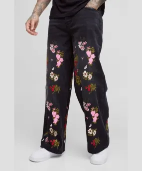 boohooMAN Mens Tall Baggy Fit Floral Embroidered Jeans