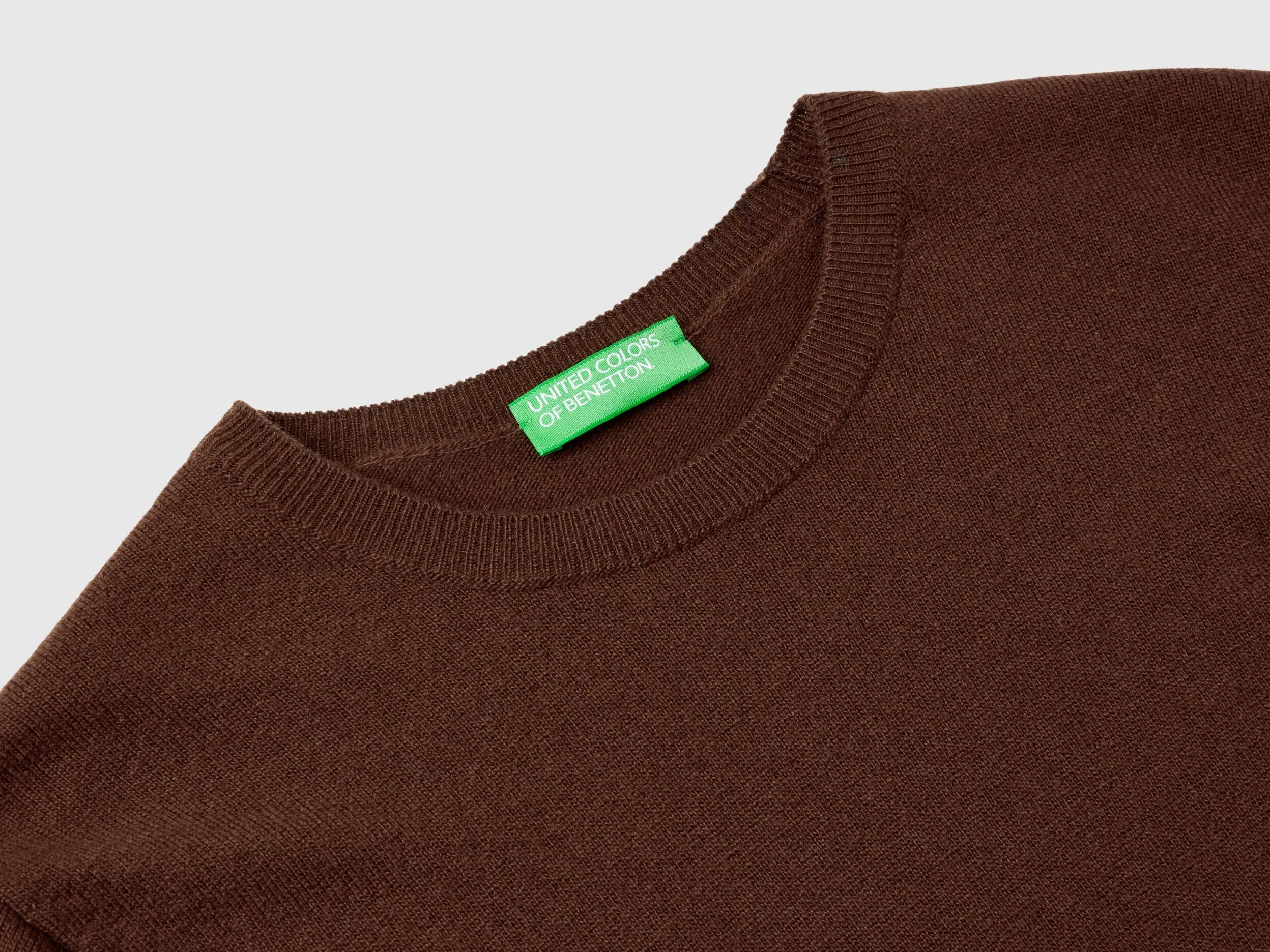 Dark brown crew neck sweater in pure Merino wool - Dark Brown | Benetton