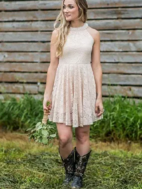 Dusty Country Rustic Lace Halter Short Bridesmaid Dresses with Cowboy Boots