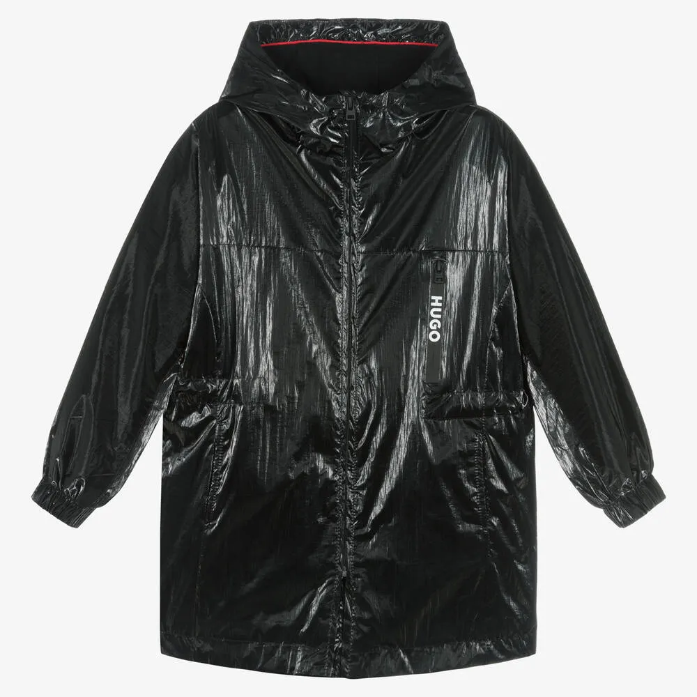 Girls Black Shiny Windbreaker Coat