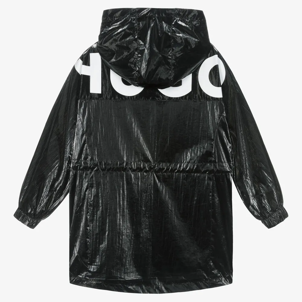 Girls Black Shiny Windbreaker Coat