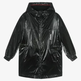 Girls Black Shiny Windbreaker Coat