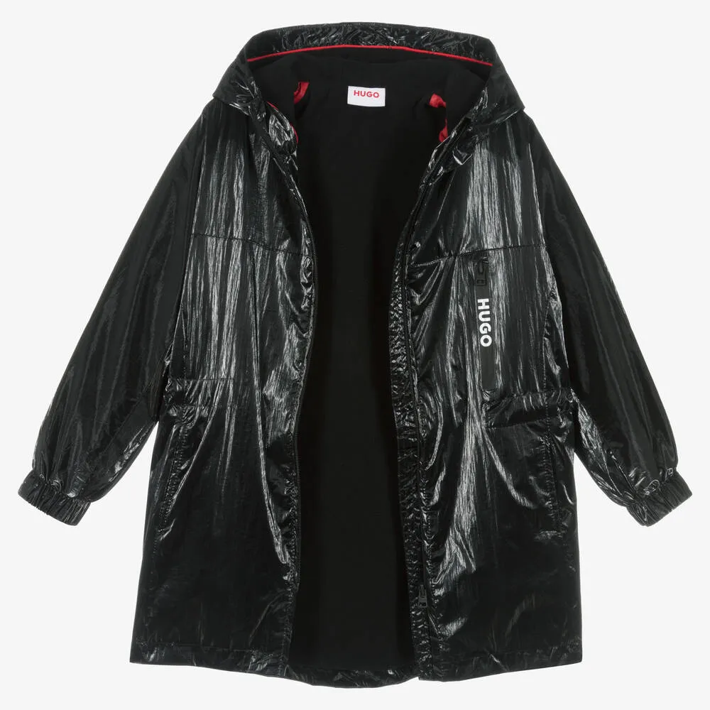 Girls Black Shiny Windbreaker Coat