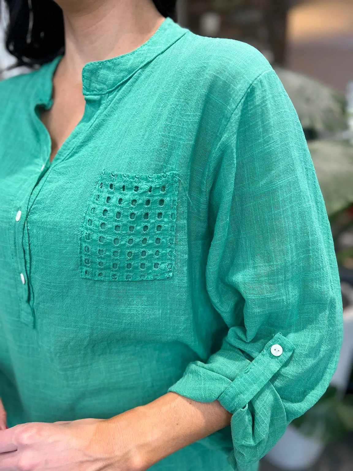 Green Multi Hole Button Sleeve Blouse Val