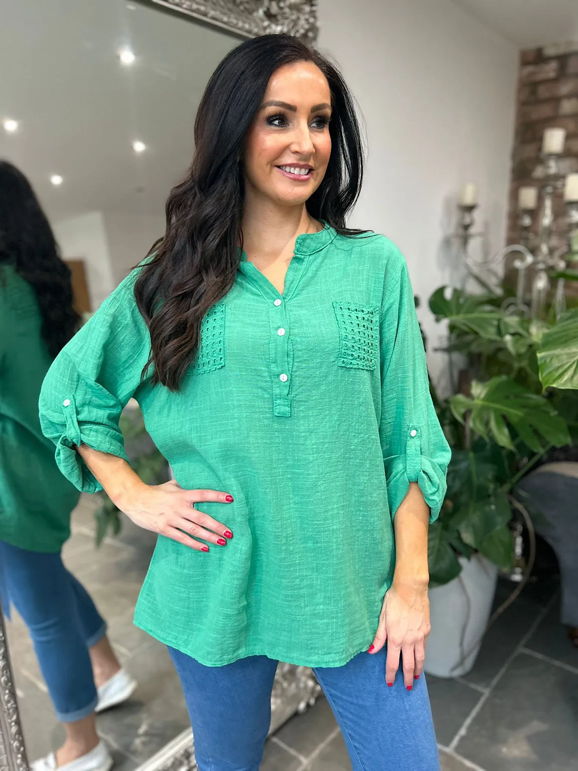 Green Multi Hole Button Sleeve Blouse Val