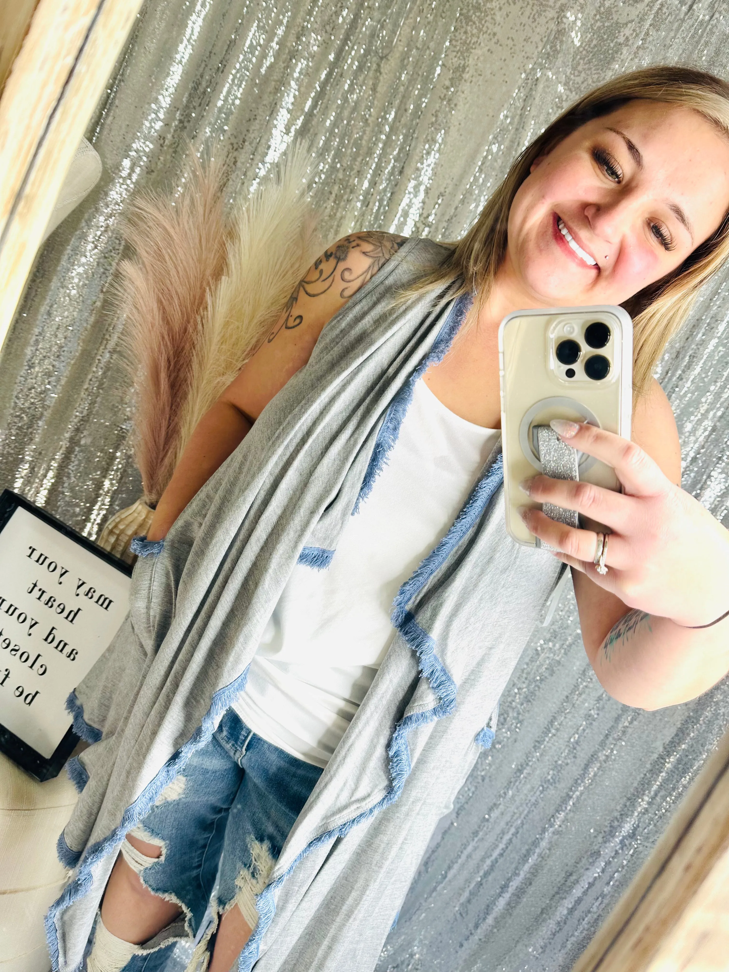 Grey / Blue Trim Pocket Tank Kimono