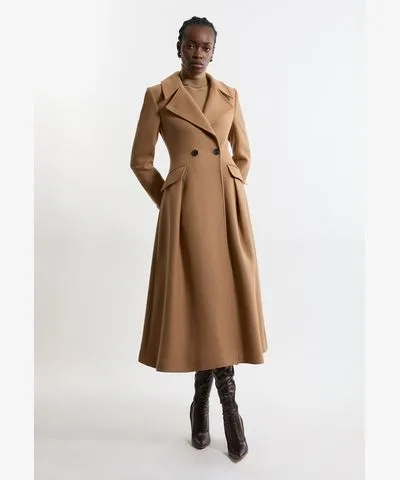 Karen Millen Petite Premium Italian Manteco Wool Tailored Flared Skirt Midaxi Coat