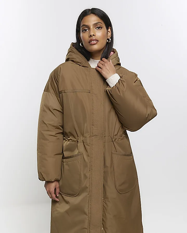 Khaki hooded longline parka coat