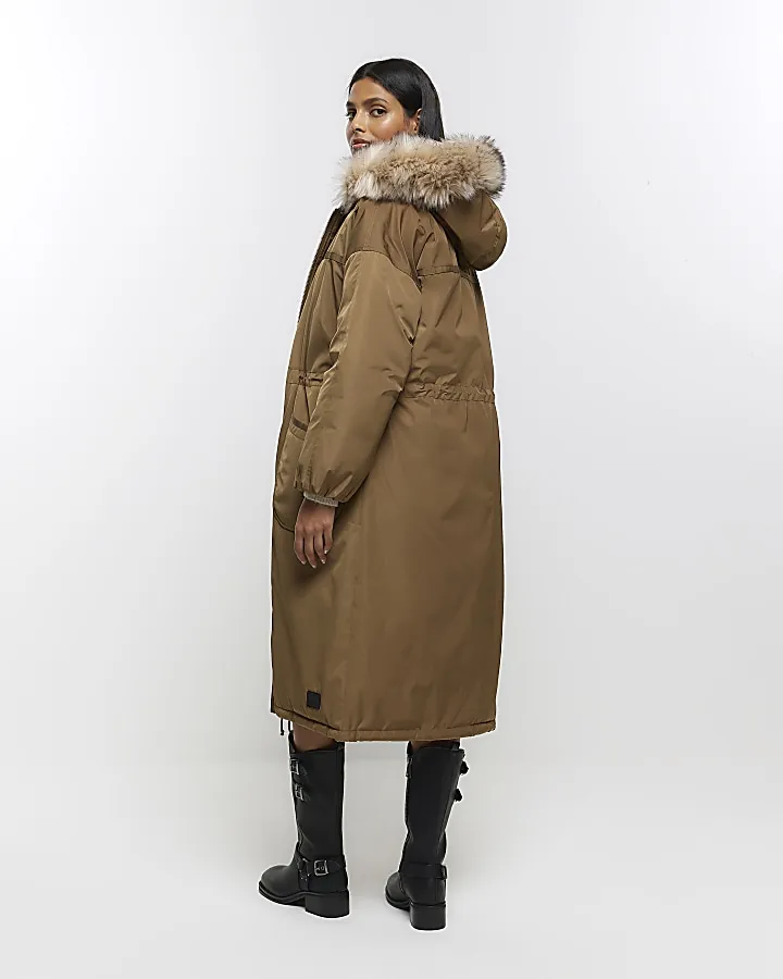 Khaki hooded longline parka coat