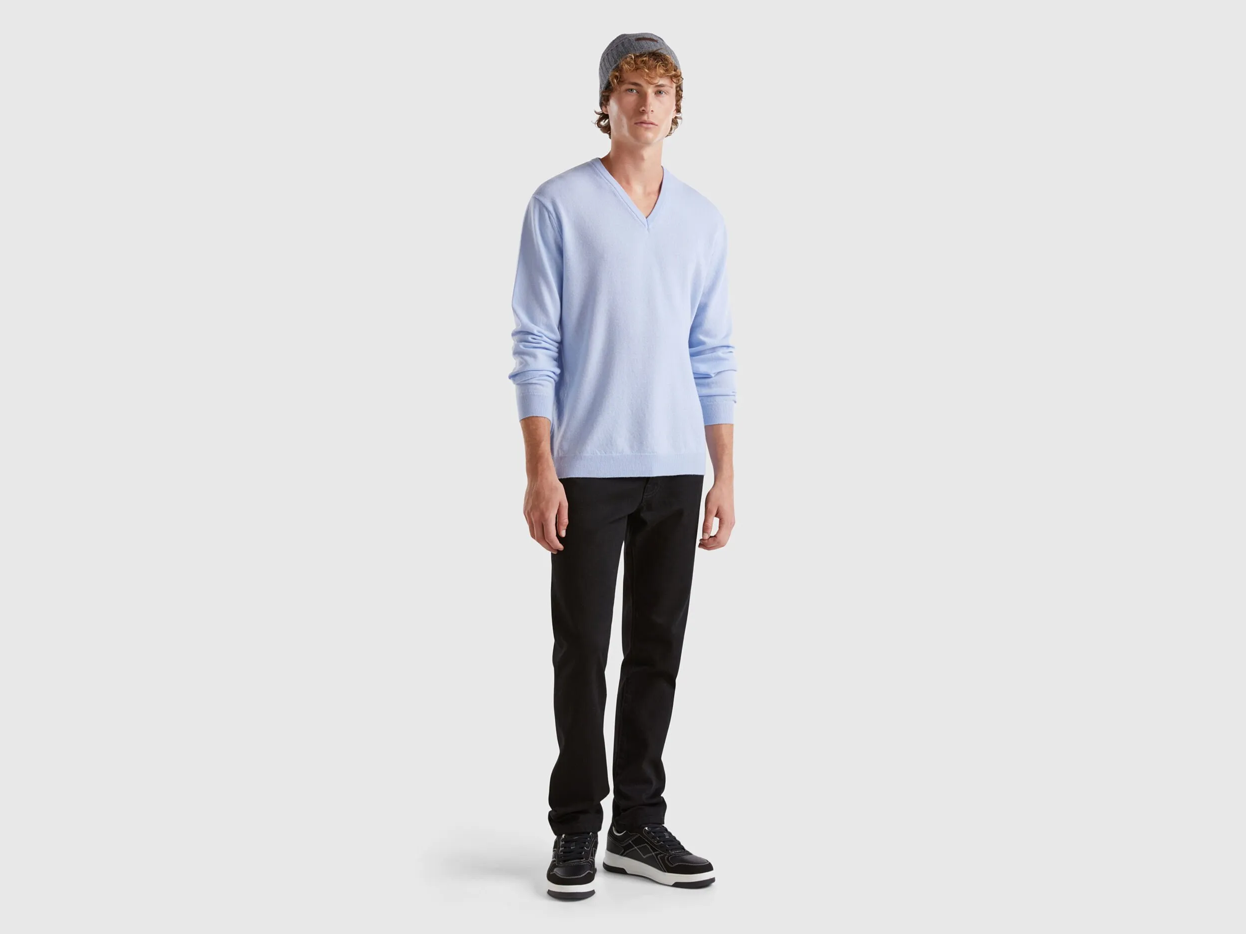 Ocean blue V-neck sweater pure Merino wool - Light Blue | Benetton