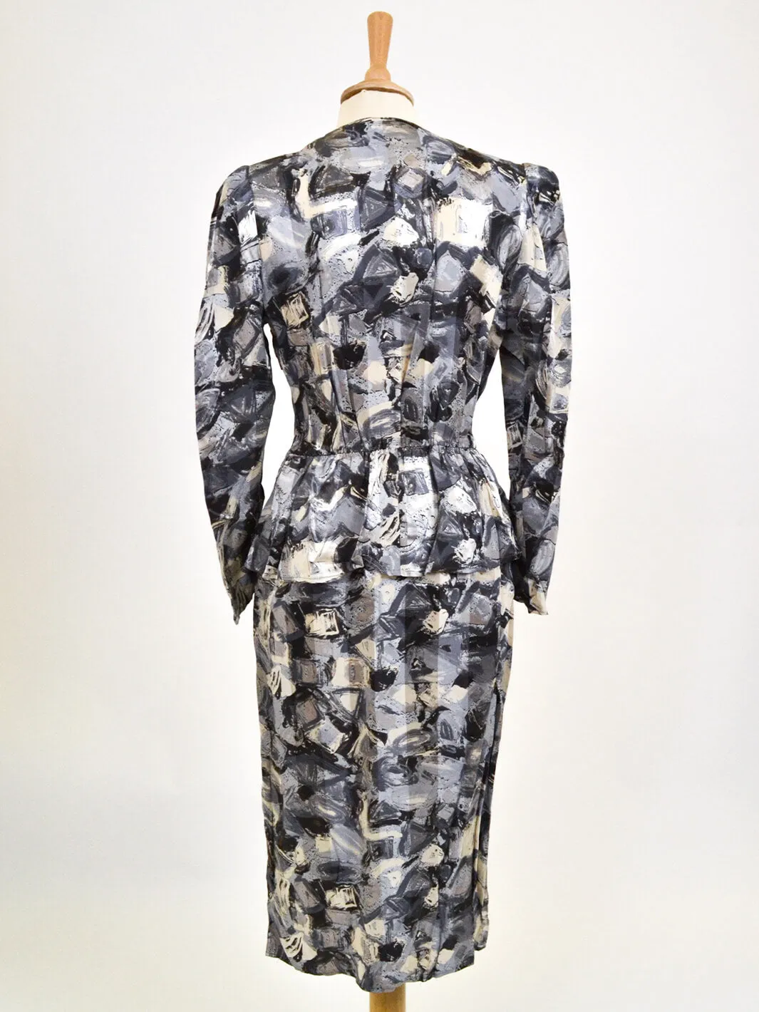 Patterned dress in shades of gray, 80s