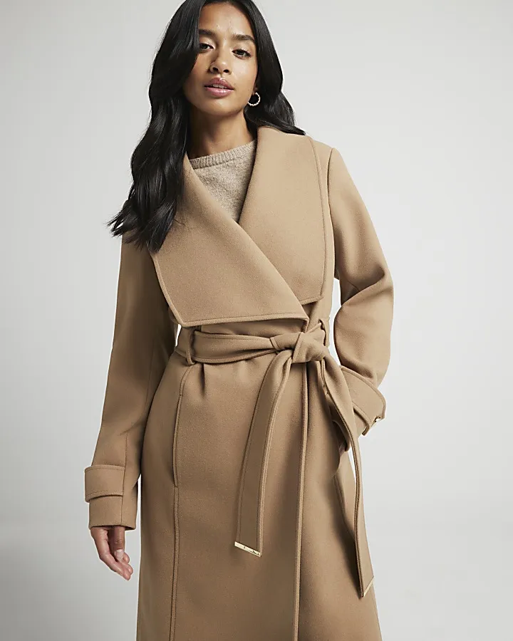 Petite beige belted wrap coat