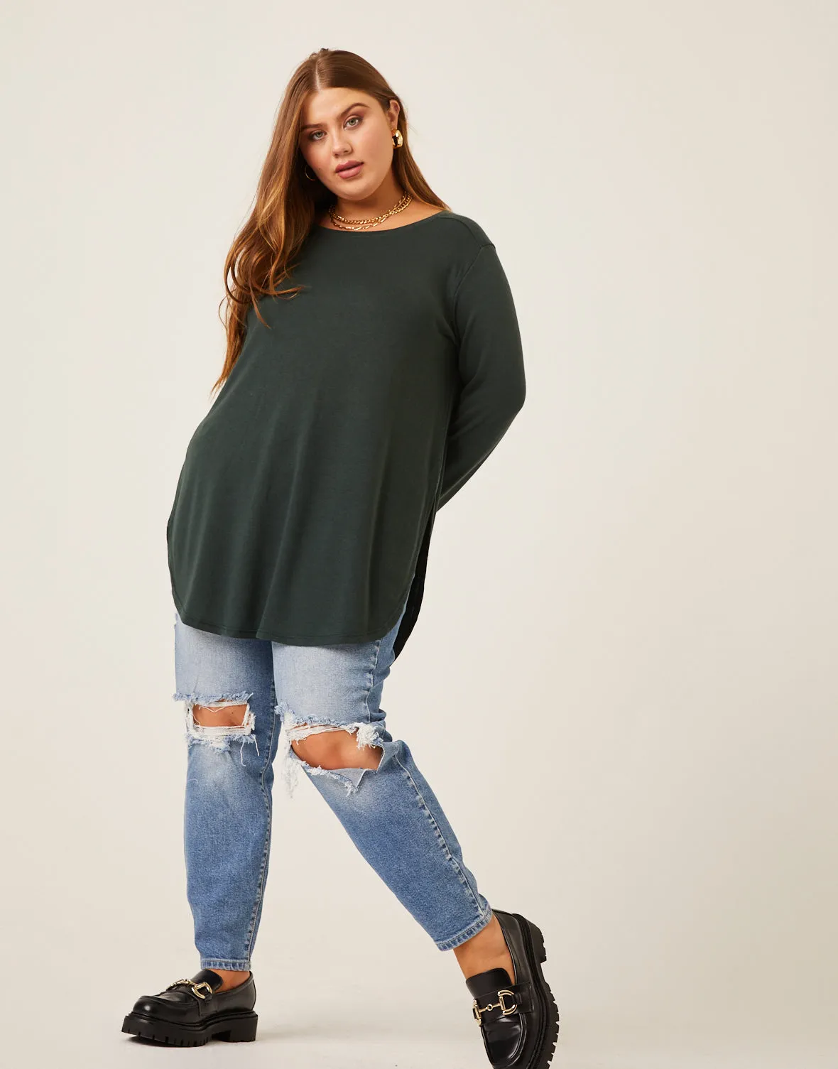 Plus Size Knit Flowy Long Sleeve Tee