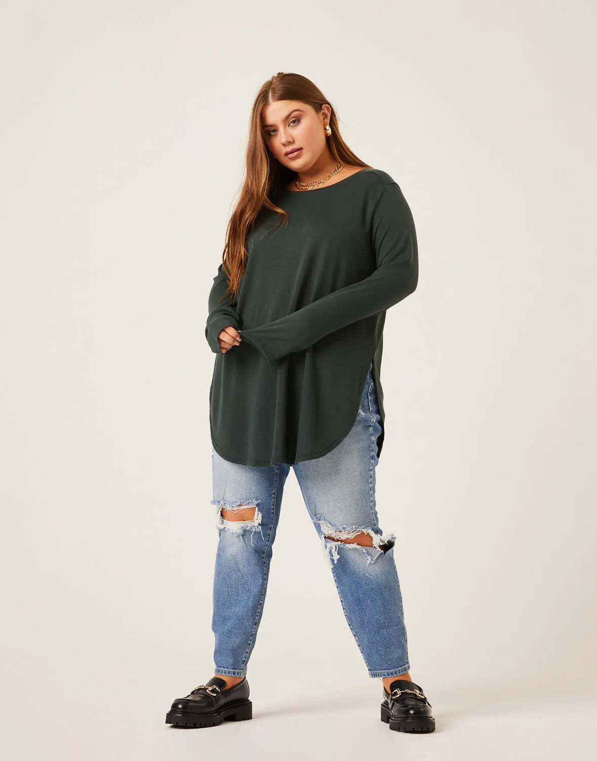 Plus Size Knit Flowy Long Sleeve Tee