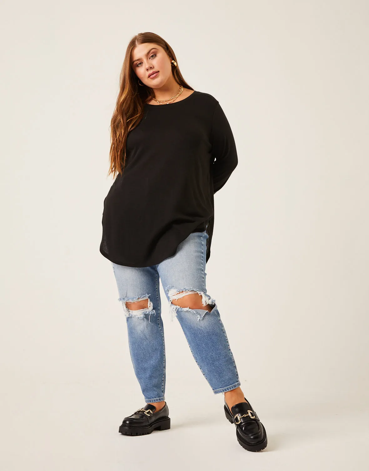 Plus Size Knit Flowy Long Sleeve Tee