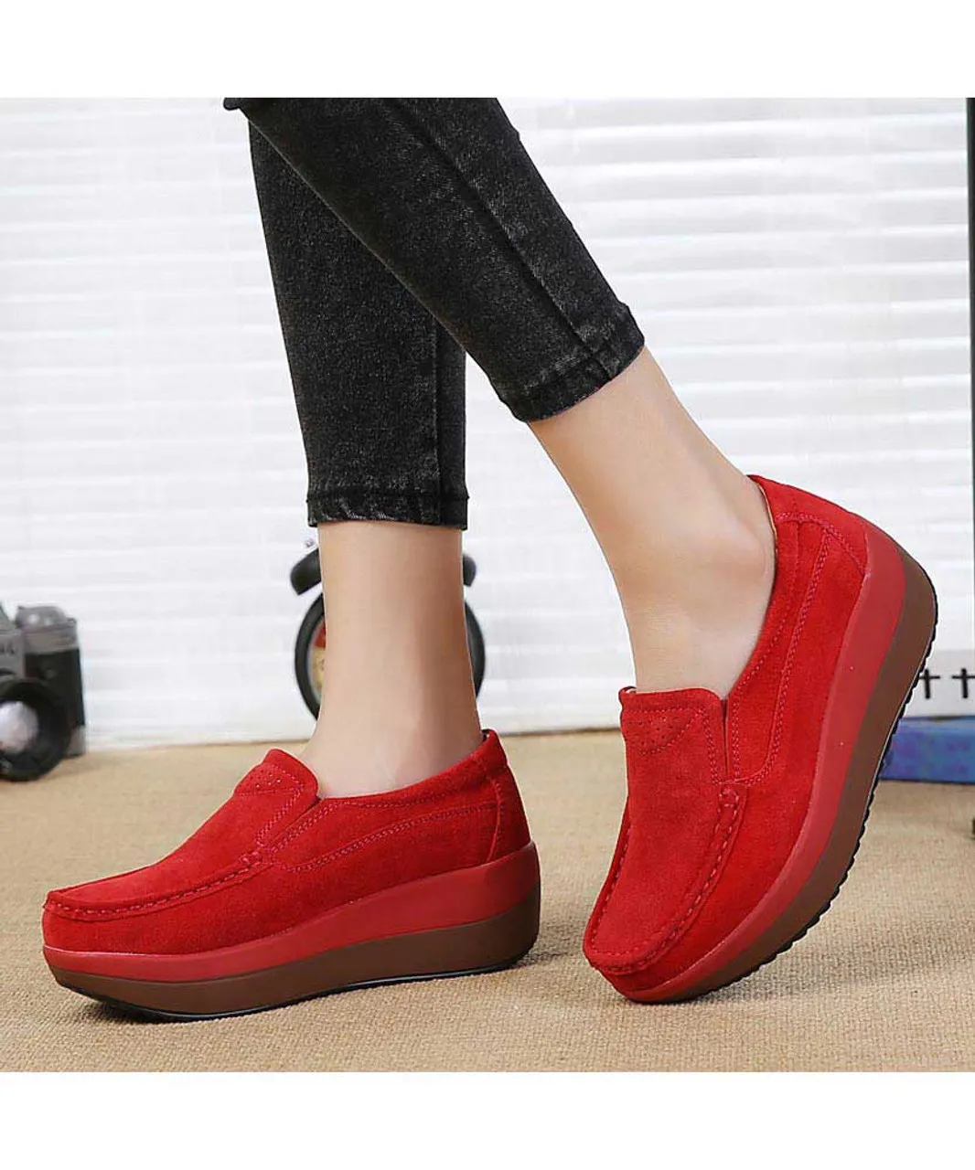 Red suede slip on rocker bottom shoe sneaker