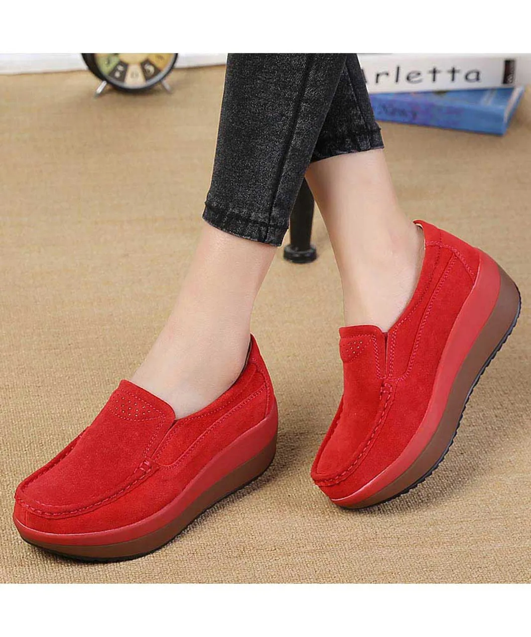 Red suede slip on rocker bottom shoe sneaker