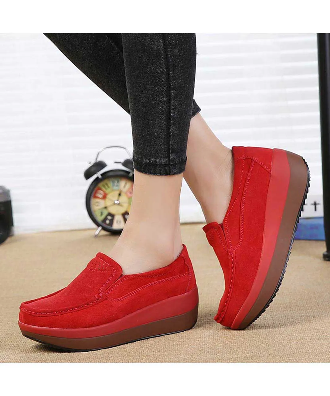 Red suede slip on rocker bottom shoe sneaker