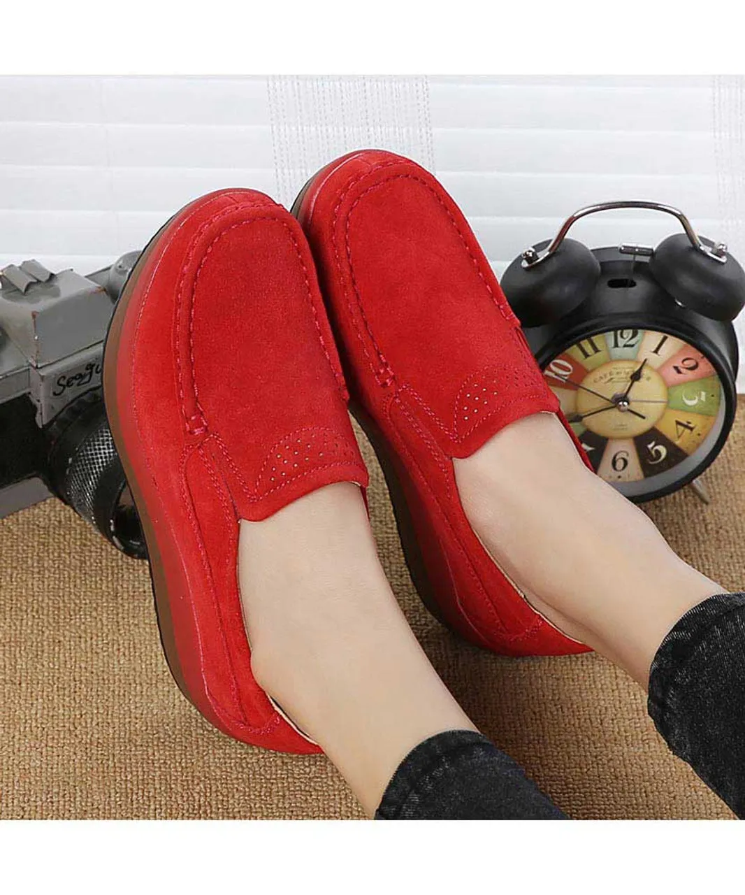 Red suede slip on rocker bottom shoe sneaker