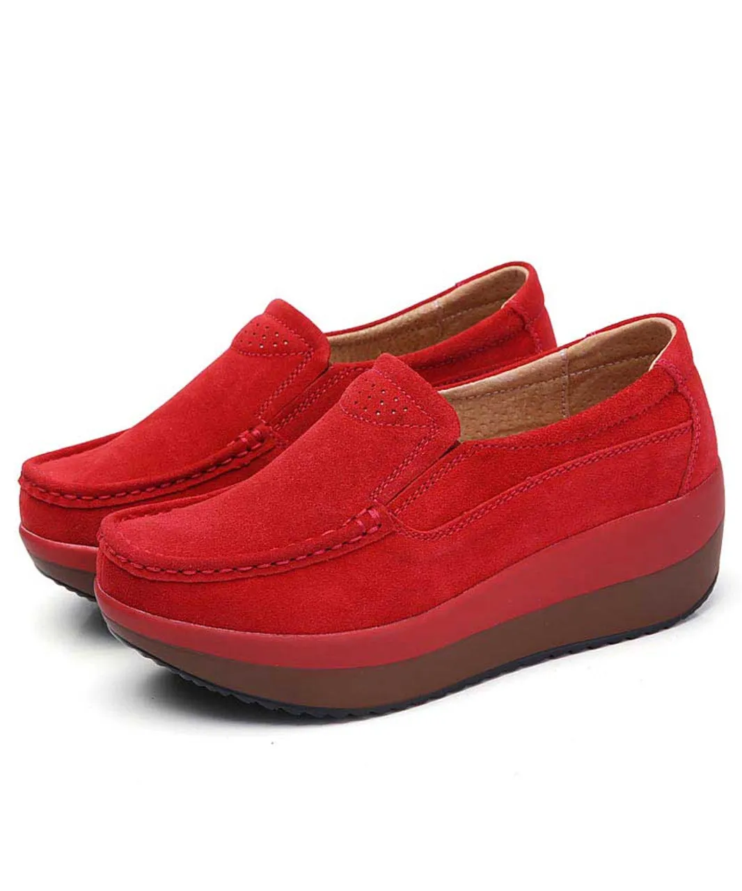 Red suede slip on rocker bottom shoe sneaker