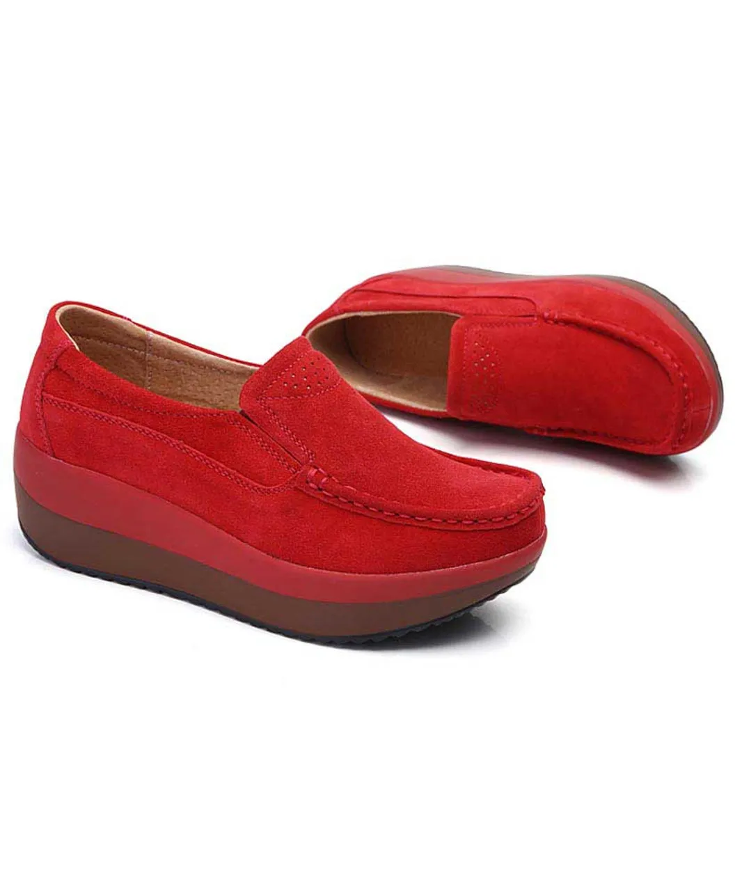 Red suede slip on rocker bottom shoe sneaker