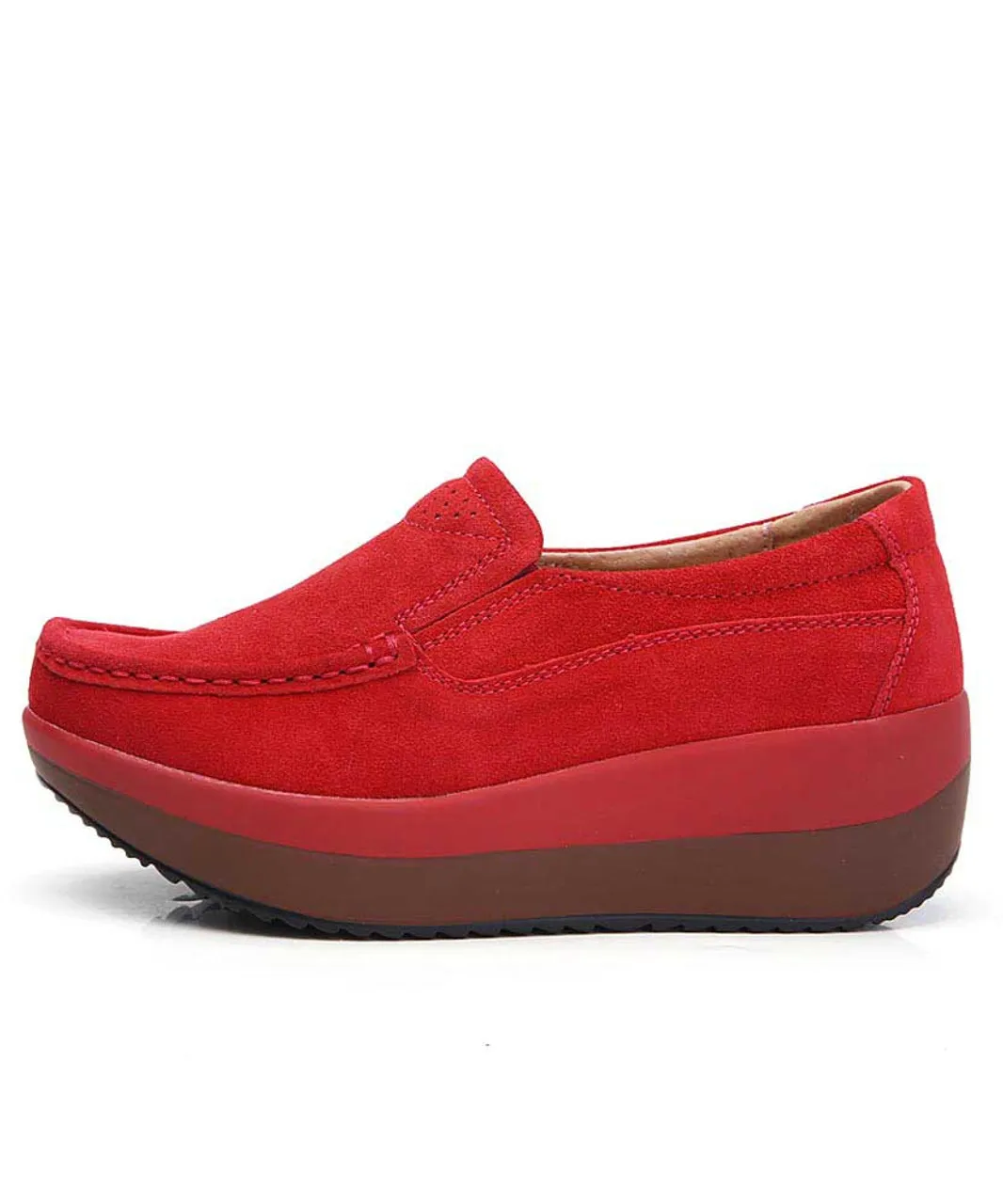 Red suede slip on rocker bottom shoe sneaker